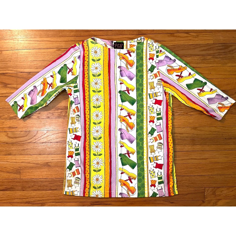 Vintage PGB Granny Chic 3/4 Sleeve Tunic Beach Flowers & Shoes Blouse Women M